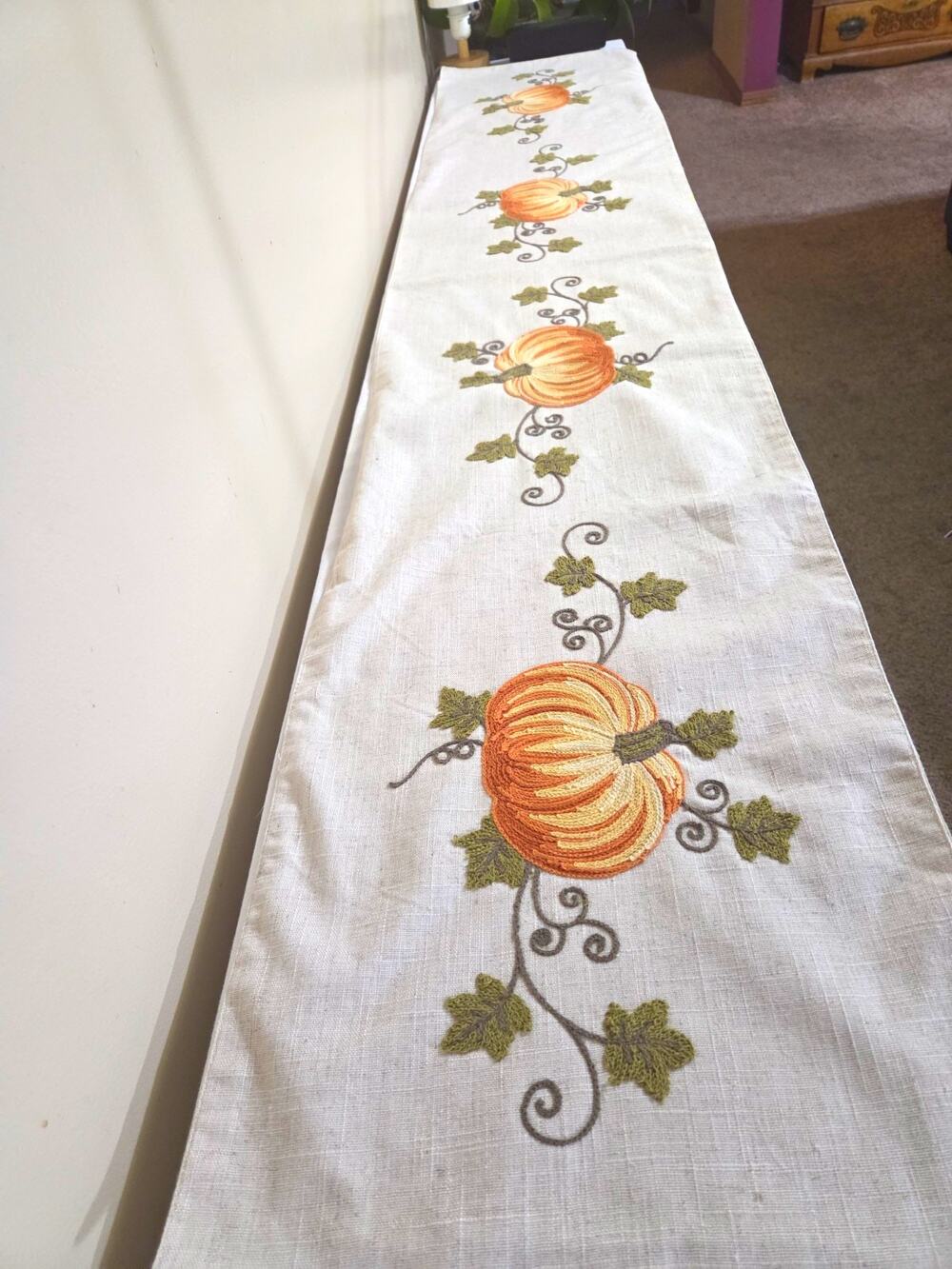 Inspired Treasures Embroidered Pumpkin Table Runner Beige/Orange/Green 72 x 14